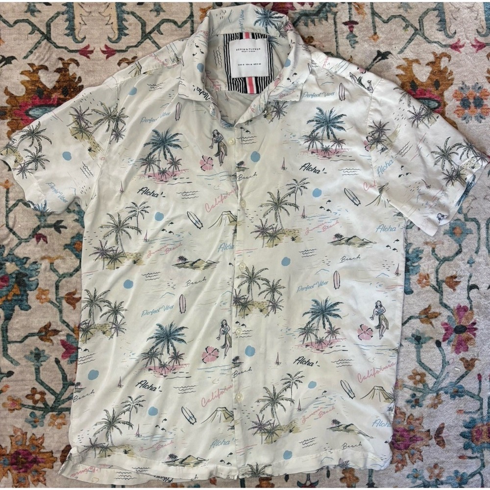 Denim & Flower Ricky Singh Mens Button Up Palm Trees Hawaiian Shirt Short Sleeve